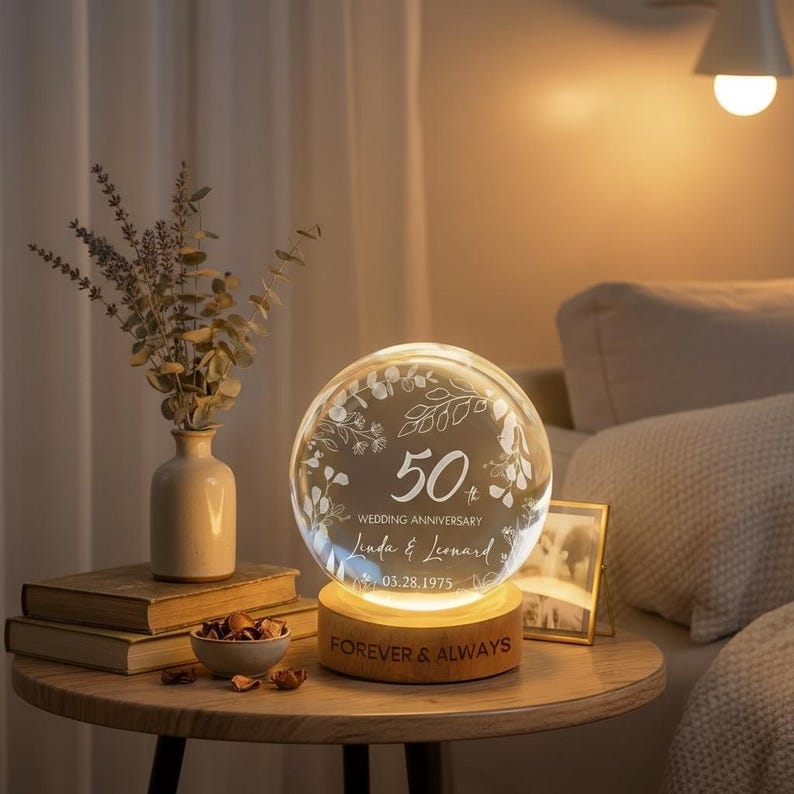 Custom Wedding Anniversary Crystal Ball LED Light, Personalized Golden Anniversary Gift for Parents Grandparents, 50th Anniversary Gift