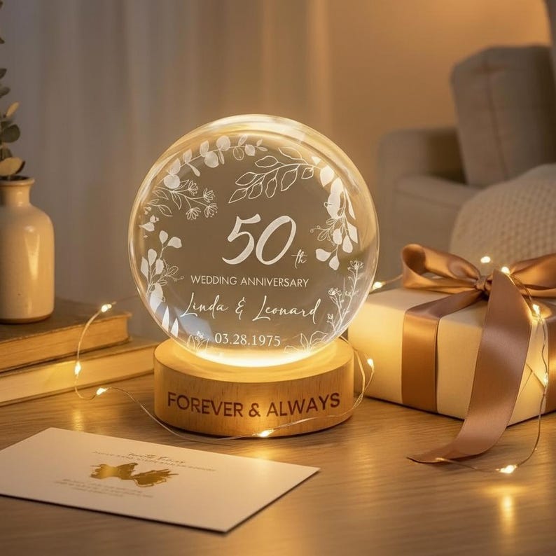 Custom Wedding Anniversary Crystal Ball LED Light, Personalized Golden Anniversary Gift for Parents Grandparents, 50th Anniversary Gift
