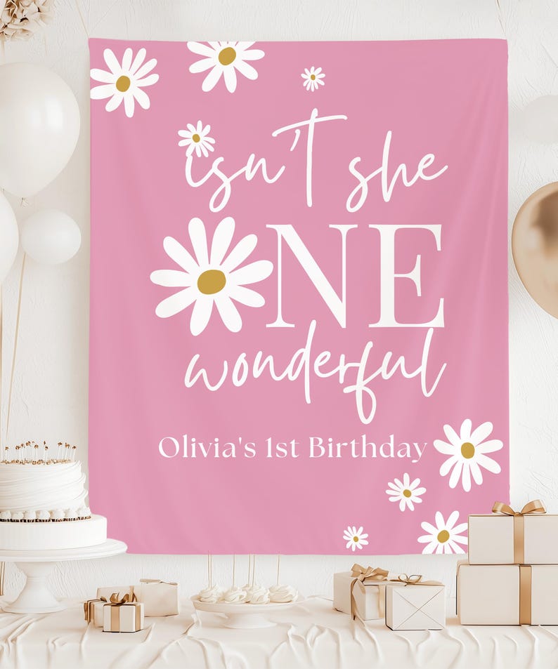 One-derful First Birthday Backdrop, Daisy 1st Birthday Banner, Floral One Birthday Party Decor, Custom Name Birthday Photo Backdrop Sign