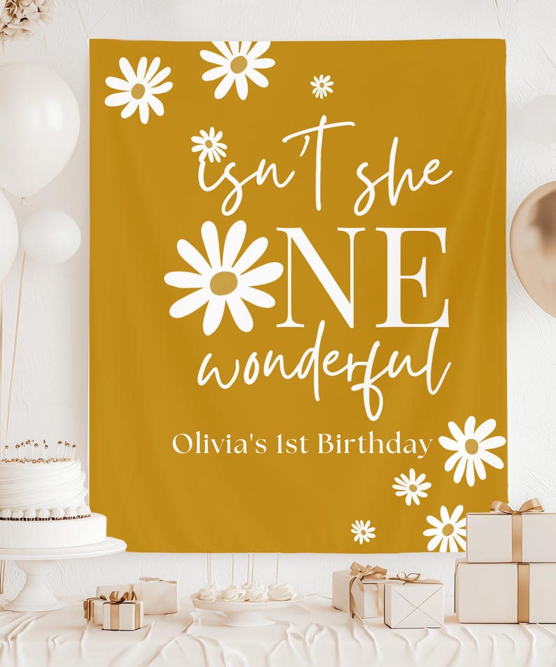 One-derful First Birthday Backdrop, Daisy 1st Birthday Banner, Floral One Birthday Party Decor, Custom Name Birthday Photo Backdrop Sign