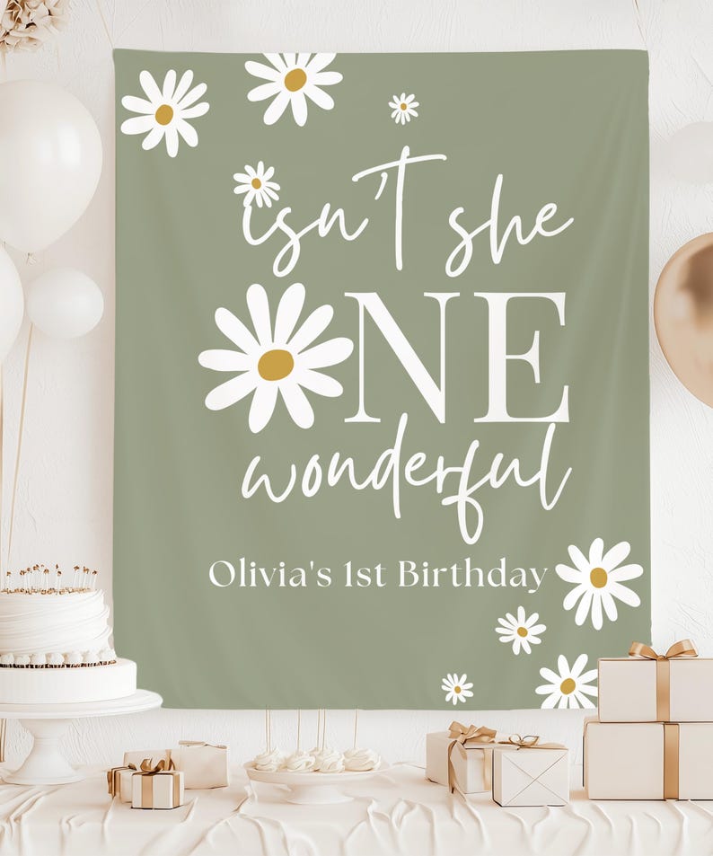 One-derful First Birthday Backdrop, Daisy 1st Birthday Banner, Floral One Birthday Party Decor, Custom Name Birthday Photo Backdrop Sign