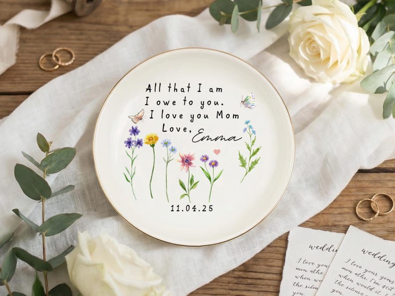 Custom Floral Mom Trinket Dish, Flower Ring Dish, I Love You Mom Keepsake, Mother's Day Gift, Mother Birthday Gift