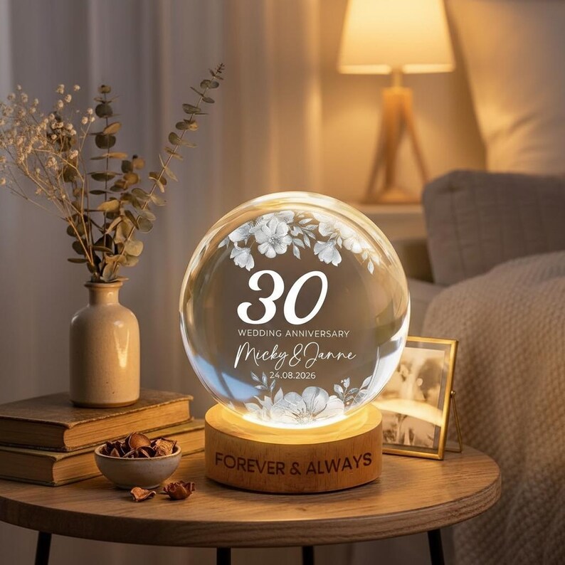 Custom Wedding Anniversary Crystal Ball LED Night Light, Personalized Pearl Anniversary Gift for Wife Husband Parents, Custom Couple Keepsake
