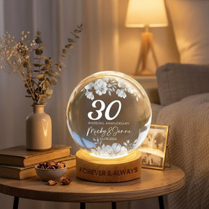 Custom Wedding Anniversary Crystal Ball LED Night Light, Personalized Pearl Anniversary Gift for Wife Husband Parents, Custom Couple Keepsake