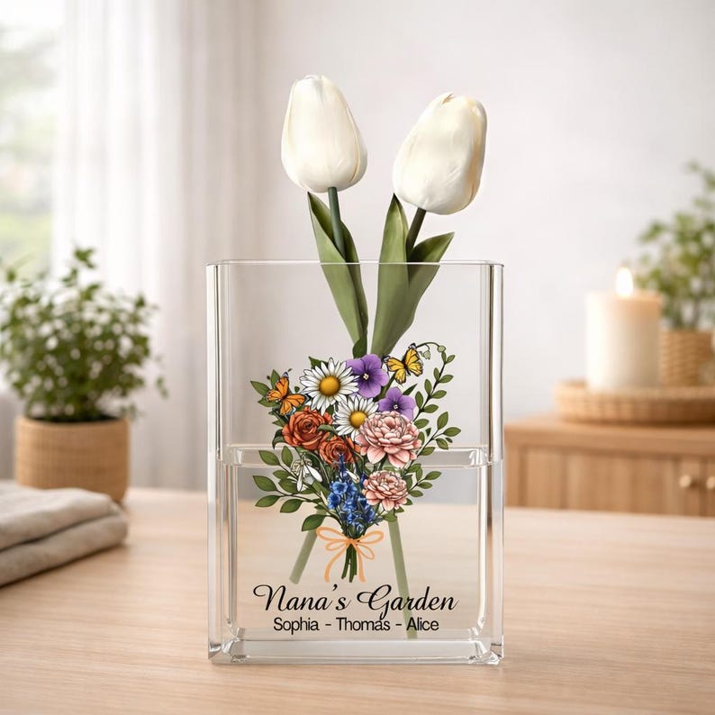 Custom Family Birth Flower Book Vase, Mother s Day Gift, FLower Vase Gift For Her/, Nana Flower Vase