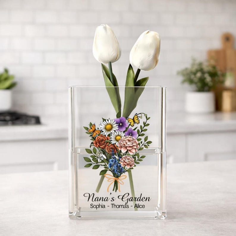 Custom Family Birth Flower Book Vase, Mother s Day Gift, FLower Vase Gift For Her/, Nana Flower Vase