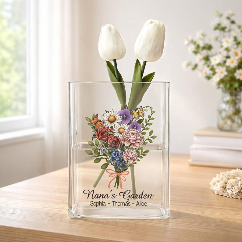 Custom Family Birth Flower Book Vase, Mother s Day Gift, FLower Vase Gift For Her/, Nana Flower Vase