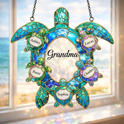 Custom Grandma Turtle Acrylic Suncatcher With Grandkids Names, Personalized Ocean Turtle Window Decor Gift