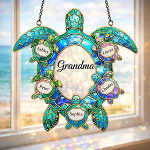 Custom Grandma Turtle Acrylic Suncatcher With Grandkids Names, Personalized Ocean Turtle Window Decor Gift