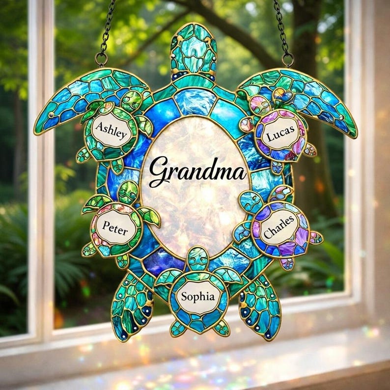 Custom Grandma Turtle Acrylic Suncatcher With Grandkids Names, Personalized Ocean Turtle Window Decor Gift