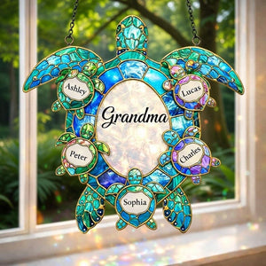 Custom Grandma Turtle Acrylic Suncatcher With Grandkids Names, Personalized Ocean Turtle Window Decor Gift