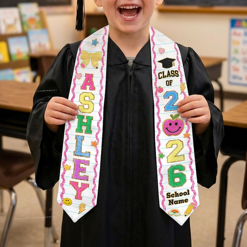 Kids Graduation Stole Class of 2026 Gift, Chenille Glitter Patch Graduation Sash, Custom Kids Name Stole Gift for Daughter, Pre K Grad Gifts