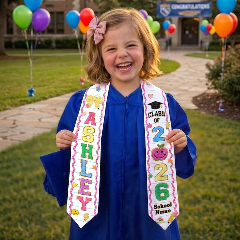 Kids Graduation Stole Class of 2026 Gift, Chenille Glitter Patch Graduation Sash, Custom Kids Name Stole Gift for Daughter, Pre K Grad Gifts