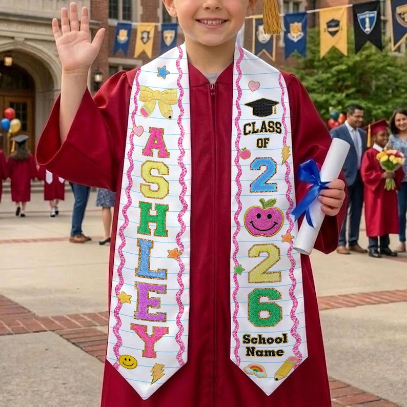 Kids Graduation Stole Class of 2026 Gift, Chenille Glitter Patch Graduation Sash, Custom Kids Name Stole Gift for Daughter, Pre K Grad Gifts