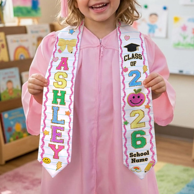 Kids Graduation Stole Class of 2026 Gift, Chenille Glitter Patch Graduation Sash, Custom Kids Name Stole Gift for Daughter, Pre K Grad Gifts