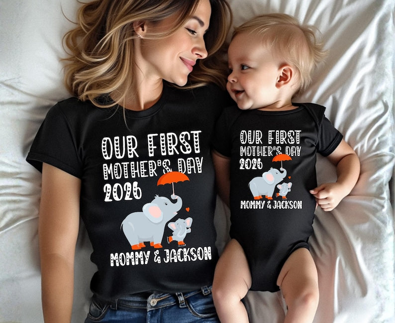 Custom Name Our First Mothers Day 2026 Shirt, New Mom Elephant Shirt, Personalized First Mothers Day Gift, Mommy And Baby Matching Mom Shirt