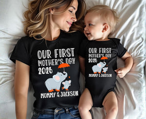 Custom Name Our First Mothers Day 2026 Shirt, New Mom Elephant Shirt, Personalized First Mothers Day Gift, Mommy And Baby Matching Mom Shirt