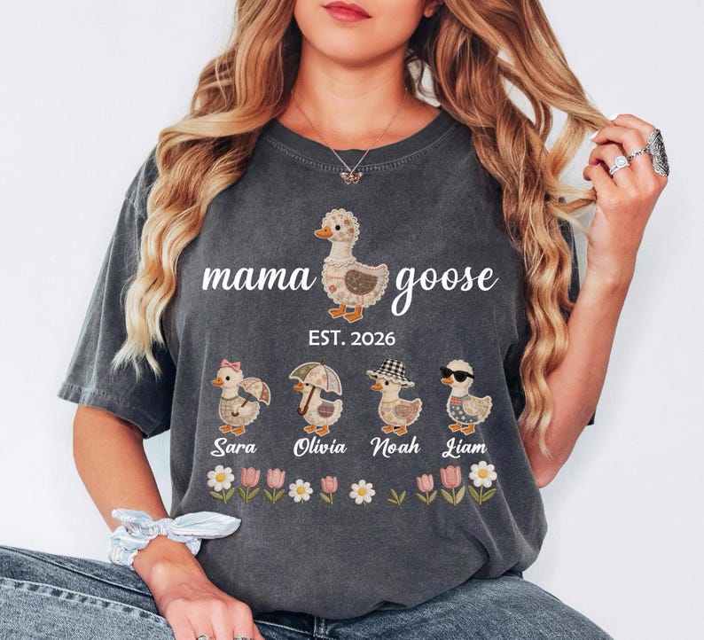 Personalized Mom Duck Shirt With Kids Names, Custom Mama Goose Family Shirt, Mama Goose Shirt, Mother Goose Mom Gift