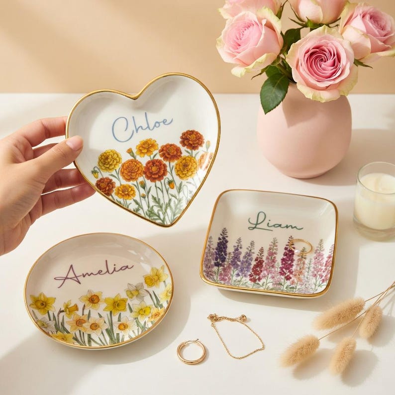 Personalized Watercolor Birth Month Flower Ring Trinket Dish, Mom Jewelry Dish, Wedding Bridesmaid Gift, Mother's Day gift