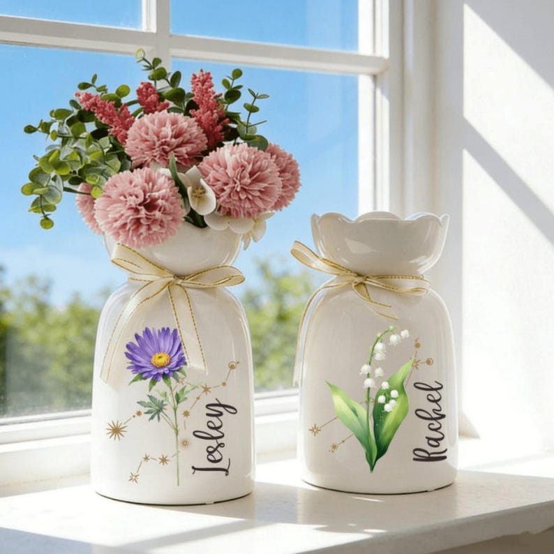 Personalized Birth Flower Ceramic Vase, Zodiac Sign Gift for Mom,Mothers Day Gift,Grandma Gift