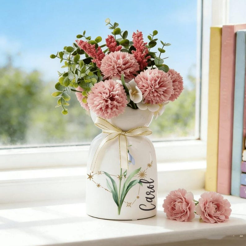 Personalized Birth Flower Ceramic Vase, Zodiac Sign Gift for Mom,Mothers Day Gift,Grandma Gift