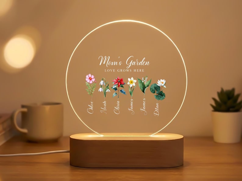 Personalized Acrylic Led Night Light For Mom, Mom's Garden Birth Flower Names Lamp, Custom Names Gift For Mother, Family Keepsake