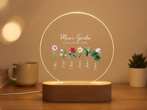 Personalized Acrylic Led Night Light For Mom, Mom's Garden Birth Flower Names Lamp, Custom Names Gift For Mother, Family Keepsake