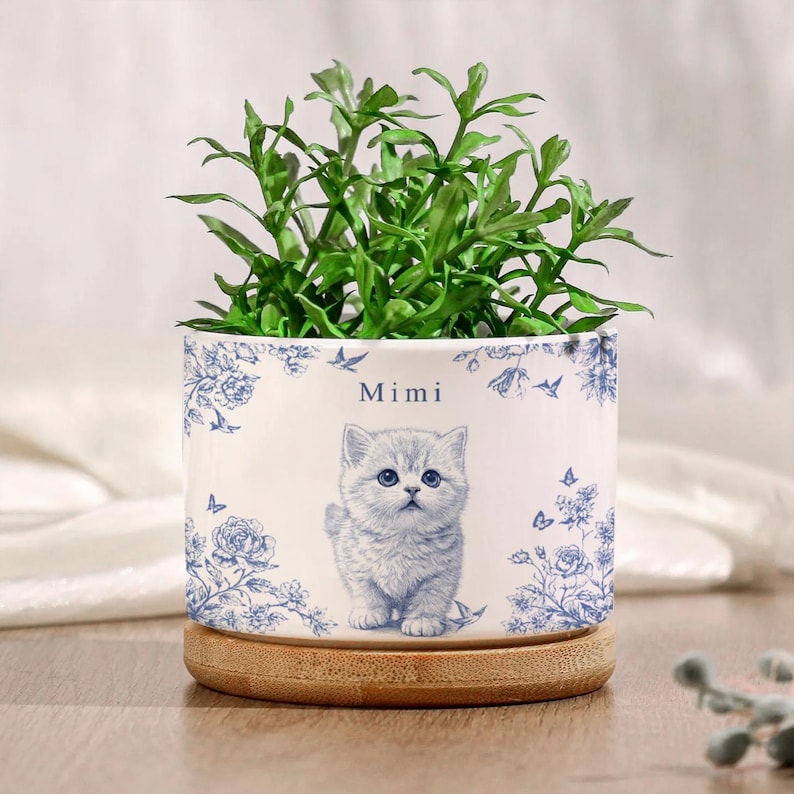 Toile De Jouy Pet Photo Planter Custom Memorial Flower Pot, Dog Loss Keepsake, Pet Planter Pot, Dog Mom Gift