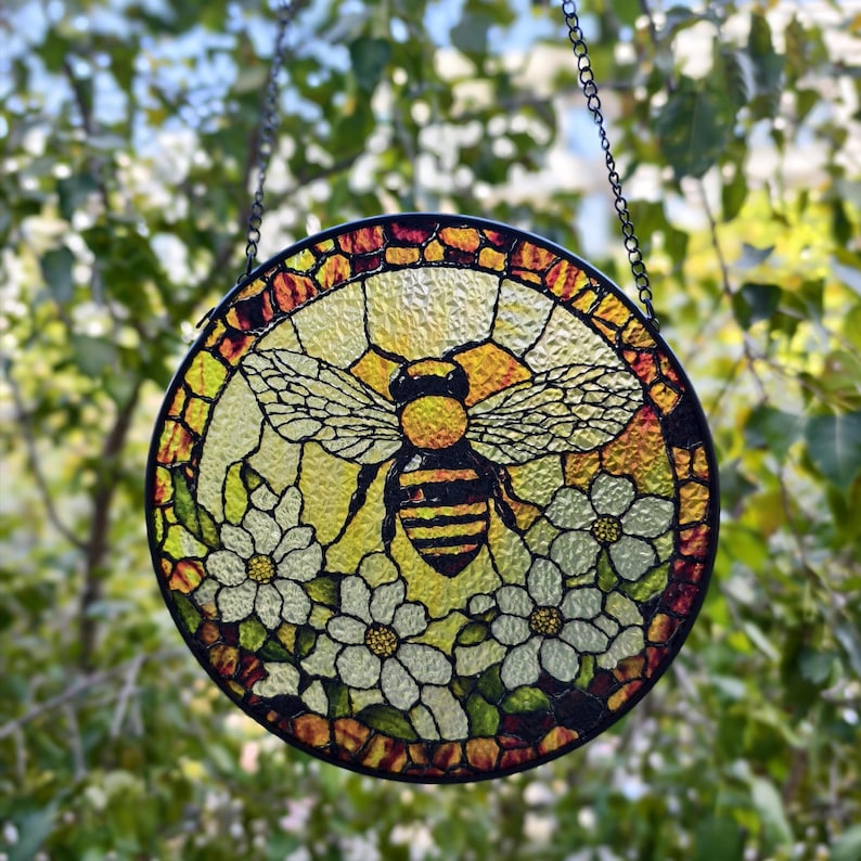 Custom Bee Stained Glass Suncatcher Window Hangings Bumble Bee Honeybee Bee Garden Art Mother's Day Gift Grandma Bee Gift