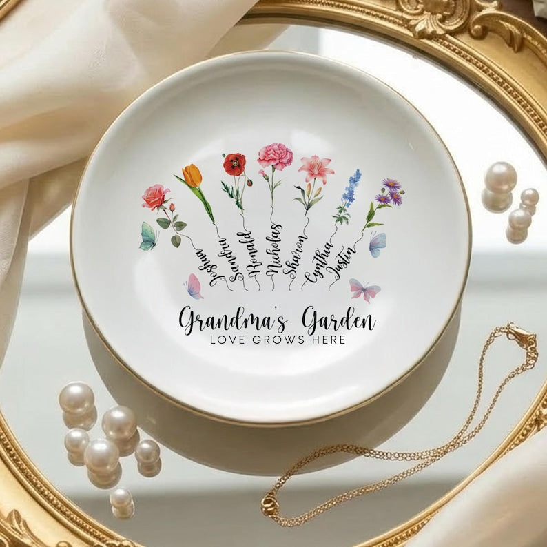 Personalized Grandma's Garden Birth Month Flower Jewelry Dish, Custom Nana Trinket Tray, Mother Day