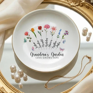 Personalized Grandma's Garden Birth Month Flower Jewelry Dish, Custom Nana Trinket Tray, Mother Day