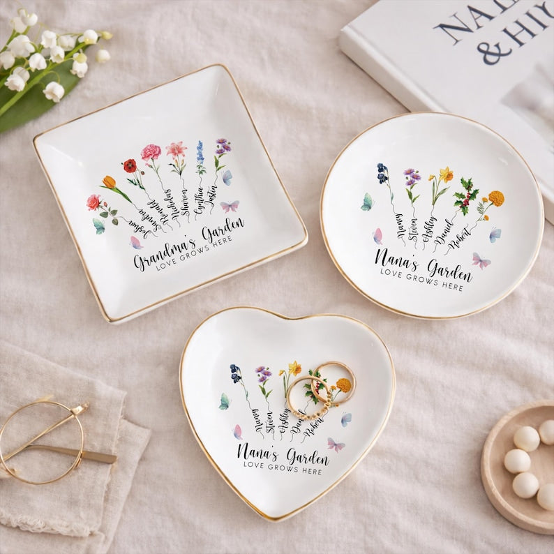 Personalized Grandma's Garden Birth Month Flower Jewelry Dish, Custom Nana Trinket Tray, Mother Day