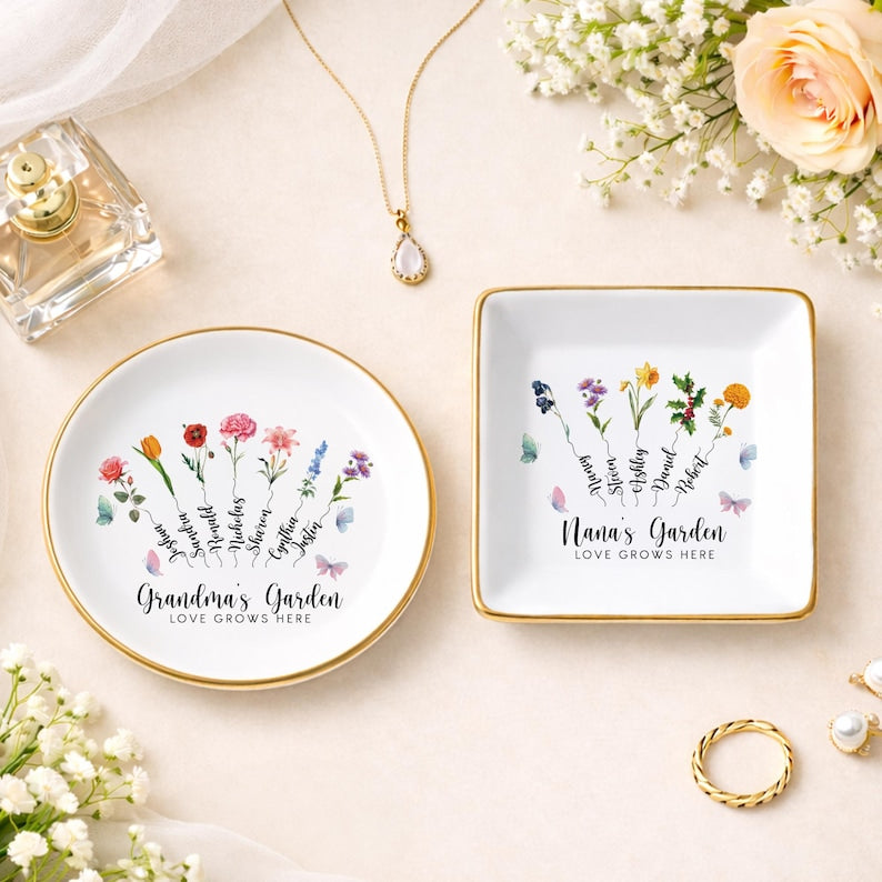 Personalized Grandma's Garden Birth Month Flower Jewelry Dish, Custom Nana Trinket Tray, Mother Day