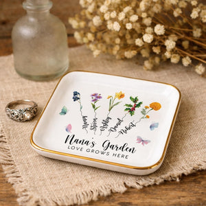 Personalized Grandma's Garden Birth Month Flower Jewelry Dish, Custom Nana Trinket Tray, Mother Day