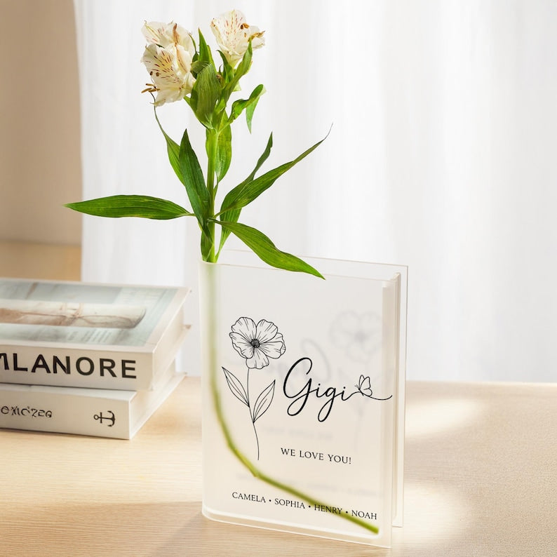 Personalized Acrylic Book Vase For Grandma, Custom Name Gift for Mom, Mother s Day Decor, Family Keepsake