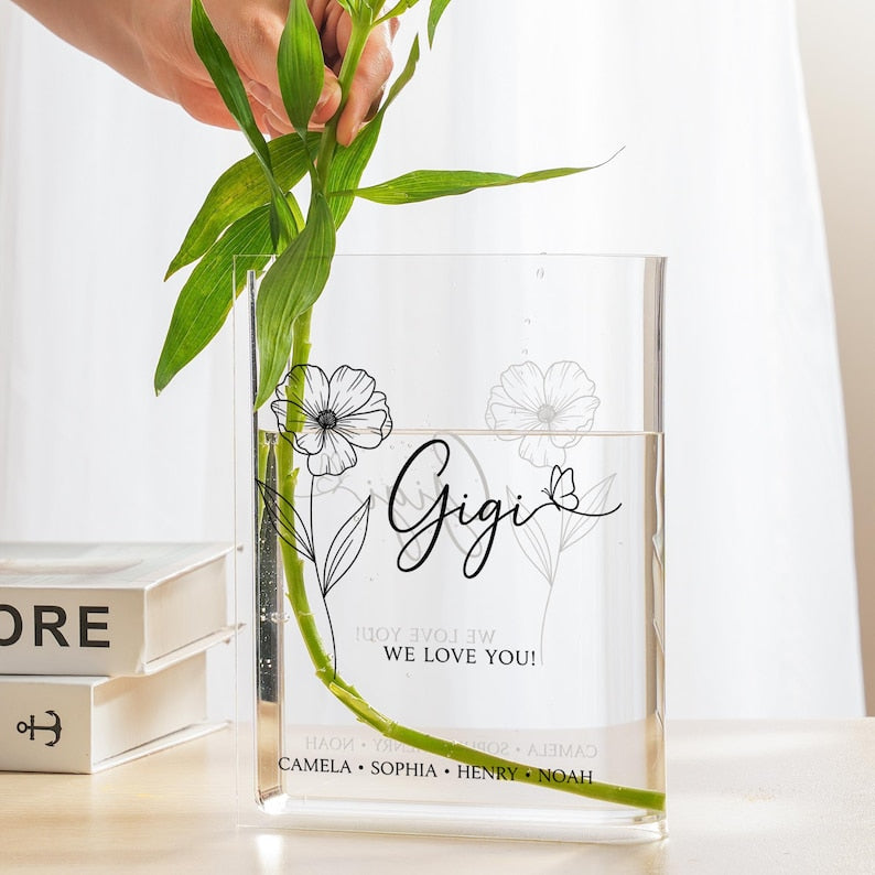 Personalized Acrylic Book Vase For Grandma, Custom Name Gift for Mom, Mother s Day Decor, Family Keepsake