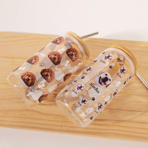 Custom Pet Portrait Glass Cup with Bamboo Lid, Personalized Dog Face Glass Can with Straw, Custom 16oz Iced Coffee Glass Tumbler with Photo