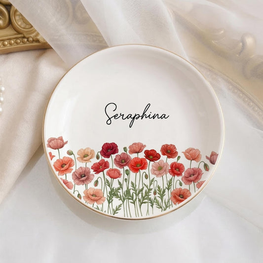 Custom Floral Trinket Dish with Name, Personalized Jewelry Dish, Cute Gift for Her, Birthday Gift, Bridesmaid Gift Idea