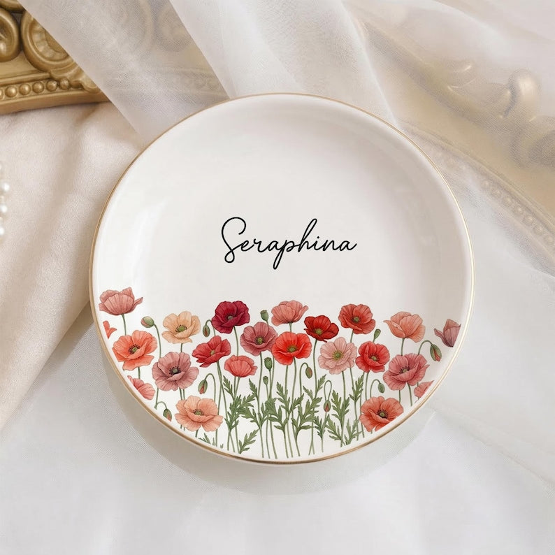 Custom Floral Trinket Dish with Name, Personalized Jewelry Dish, Cute Gift for Her, Birthday Gift, Bridesmaid Gift Idea