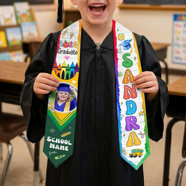 Custom Kids Graduation Stole With Name & Photo, Personalized Crayon Graduation Sash, Kindergarten Grad 2026, First Grade Gift for Graduate
