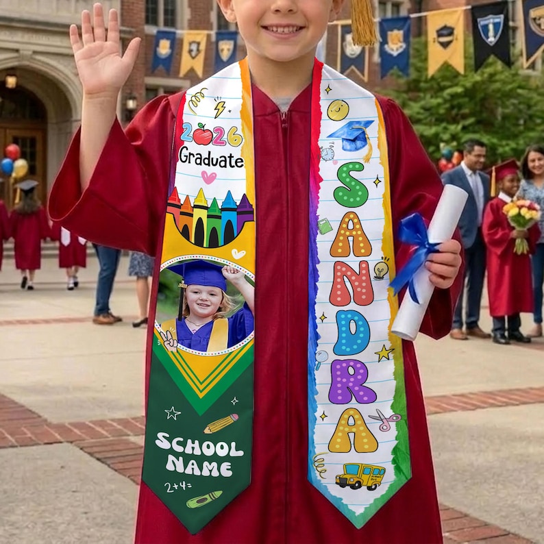 Custom Kids Graduation Stole With Name & Photo, Personalized Crayon Graduation Sash, Kindergarten Grad 2026, First Grade Gift for Graduate