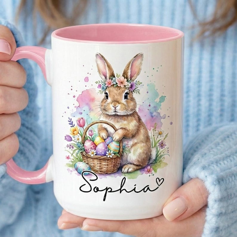 Custom Easter Rabbit Accent Mug, Bunny Egg Floral Coffee Cup, Hoppy Easter Day Gift, Personalized Mother's Day Gift Mug