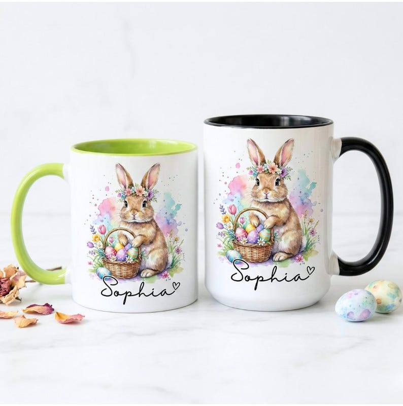 Custom Easter Rabbit Accent Mug, Bunny Egg Floral Coffee Cup, Hoppy Easter Day Gift, Personalized Mother's Day Gift Mug