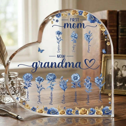 Personalized First Mom Now Grandma Acrylic Heart, Custom Birth Flower Family Garden Plaque, Mother's Day Gift, Toile De Jouy Keepsake