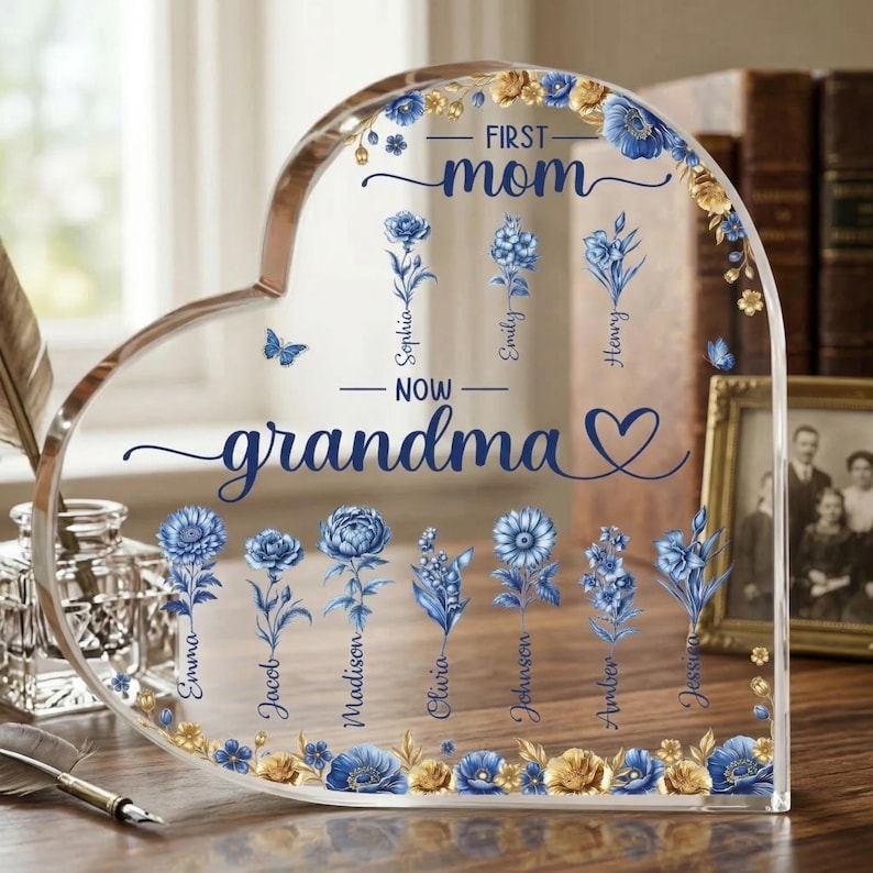 Personalized First Mom Now Grandma Acrylic Heart, Custom Birth Flower Family Garden Plaque, Mother's Day Gift, Toile De Jouy Keepsake