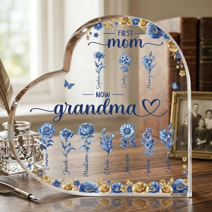 Personalized First Mom Now Grandma Acrylic Heart, Custom Birth Flower Family Garden Plaque, Mother's Day Gift, Toile De Jouy Keepsake