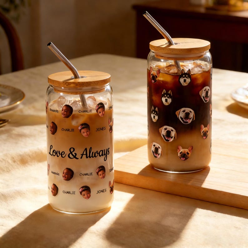Custom Pet Portrait Glass Cup with Bamboo Lid, Personalized Dog Face Glass Can with Straw, Custom 16oz Iced Coffee Glass Tumbler with Photo