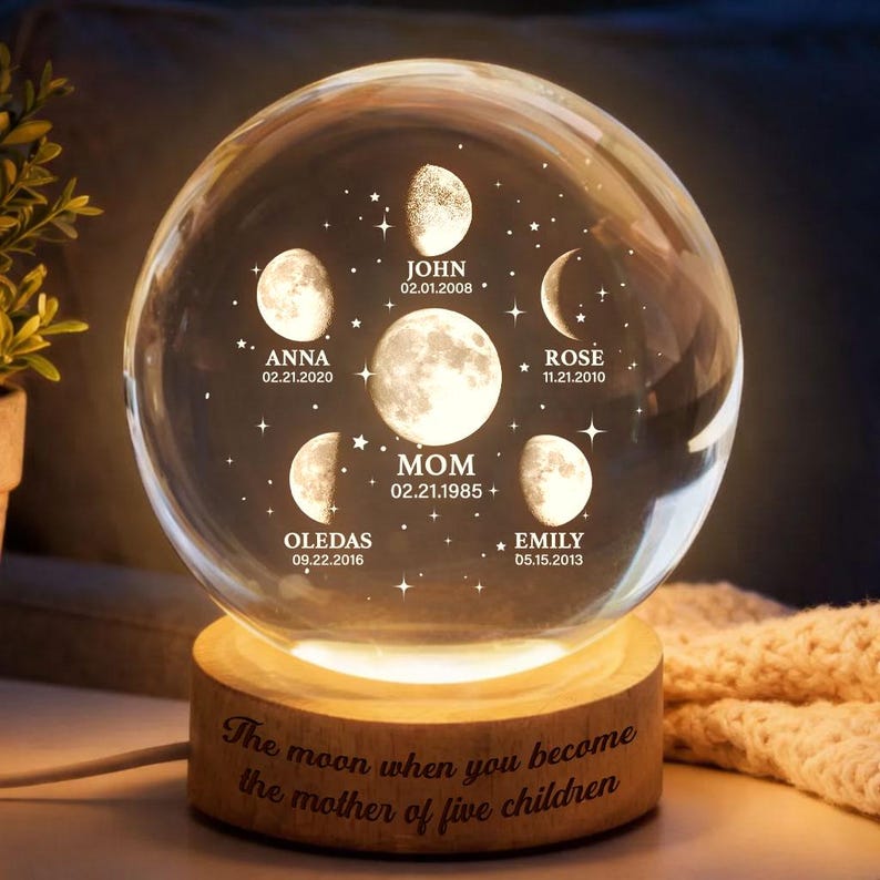 Personalized Mom Moon Phase Night Light, Custom Moon Phase by Date Crystal Light, Mother's Day Gift, Grandma Gift, Gift for Mom