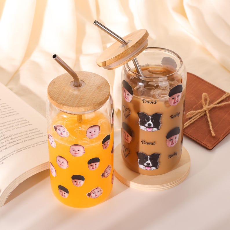 Custom Pet Portrait Glass Cup with Bamboo Lid, Personalized Dog Face Glass Can with Straw, Custom 16oz Iced Coffee Glass Tumbler with Photo