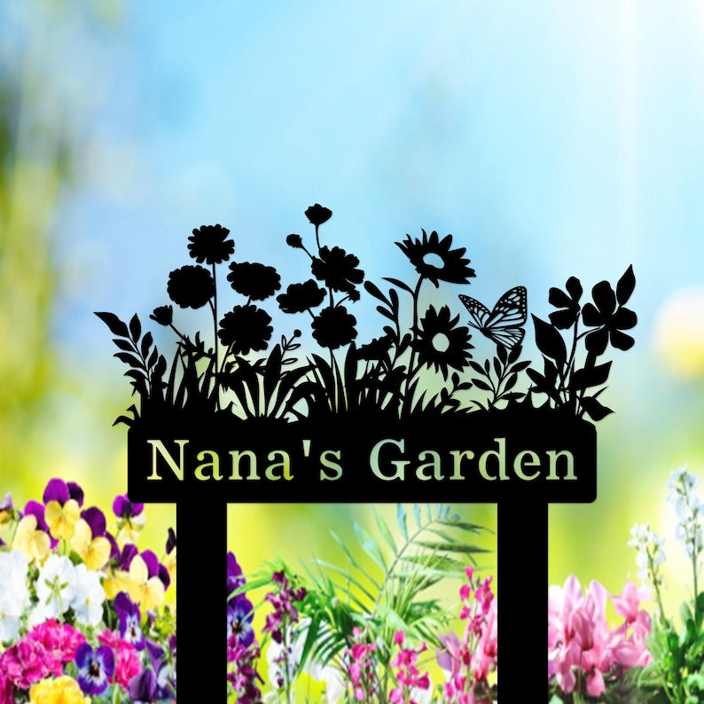 Custom Garden Sign with Stake, Flower Design Personalized Garden Sign, Gardener Name Sign, Yard Sign, Mom's Metal Garden Sign, Porch Decor